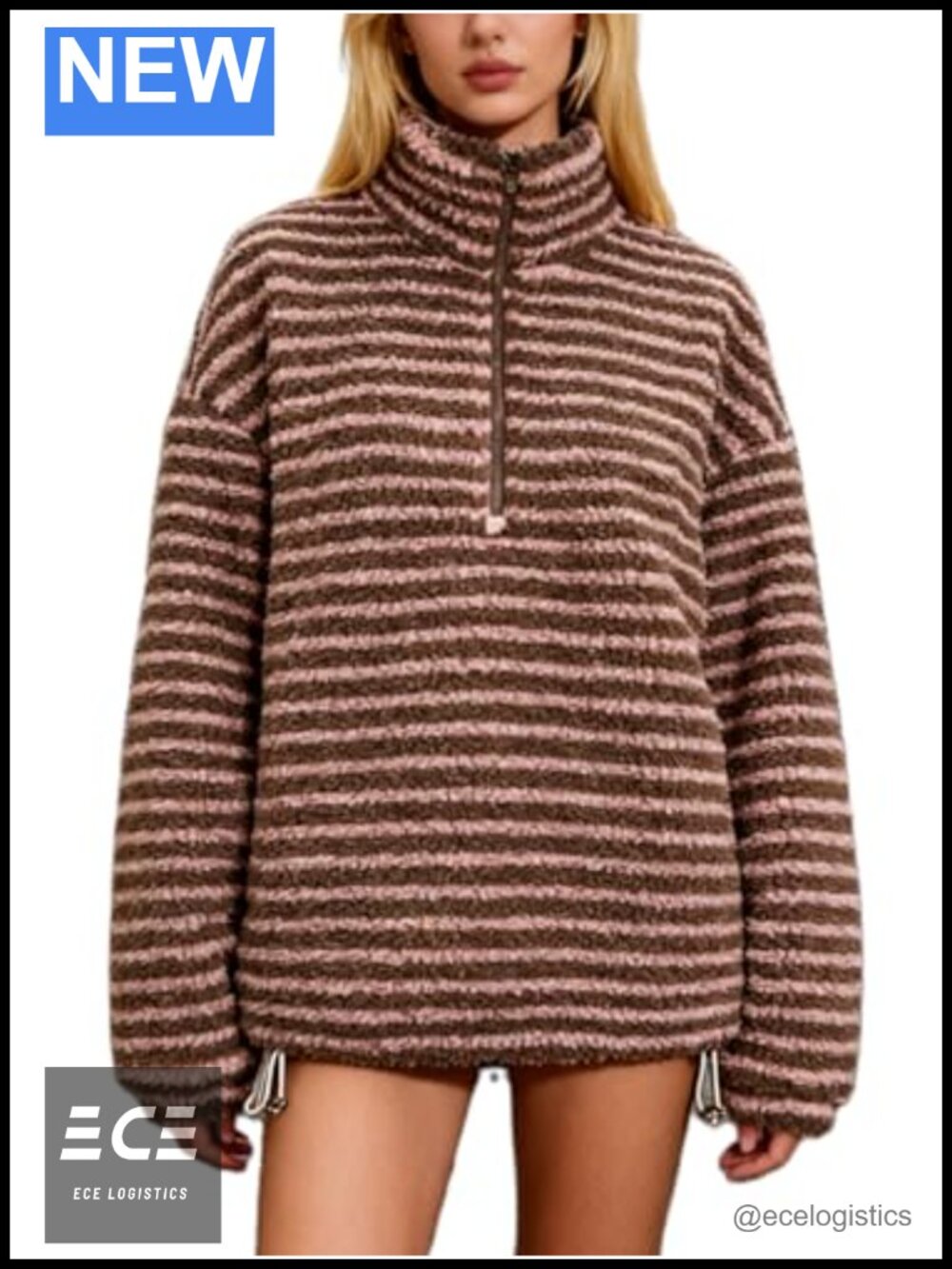 Striped Sherpa Fleece Quarter Zip Pullover Fuzzy Sweatshirt